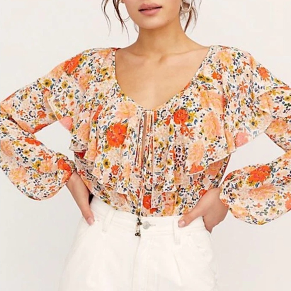 Free People Intimately Free Say It To Me Floral Flounced Bodysuit Size L - Picture 3 of 8